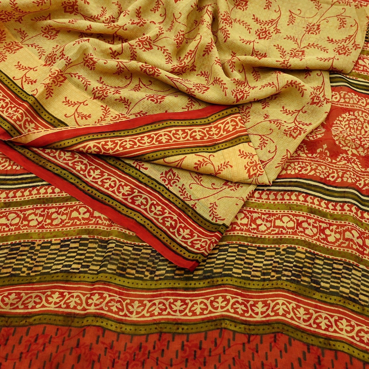 Vintage Sari Yellow & Red 100% Pure Chiffon Silk Printed Sarees Sewing 5yd Craft Fabric Soft Dress Designing for Crafting Floral