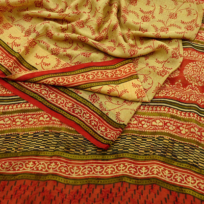 Vintage Sari Yellow & Red 100% Pure Chiffon Silk Printed Sarees Sewing 5yd Craft Fabric Soft Dress Designing for Crafting Floral