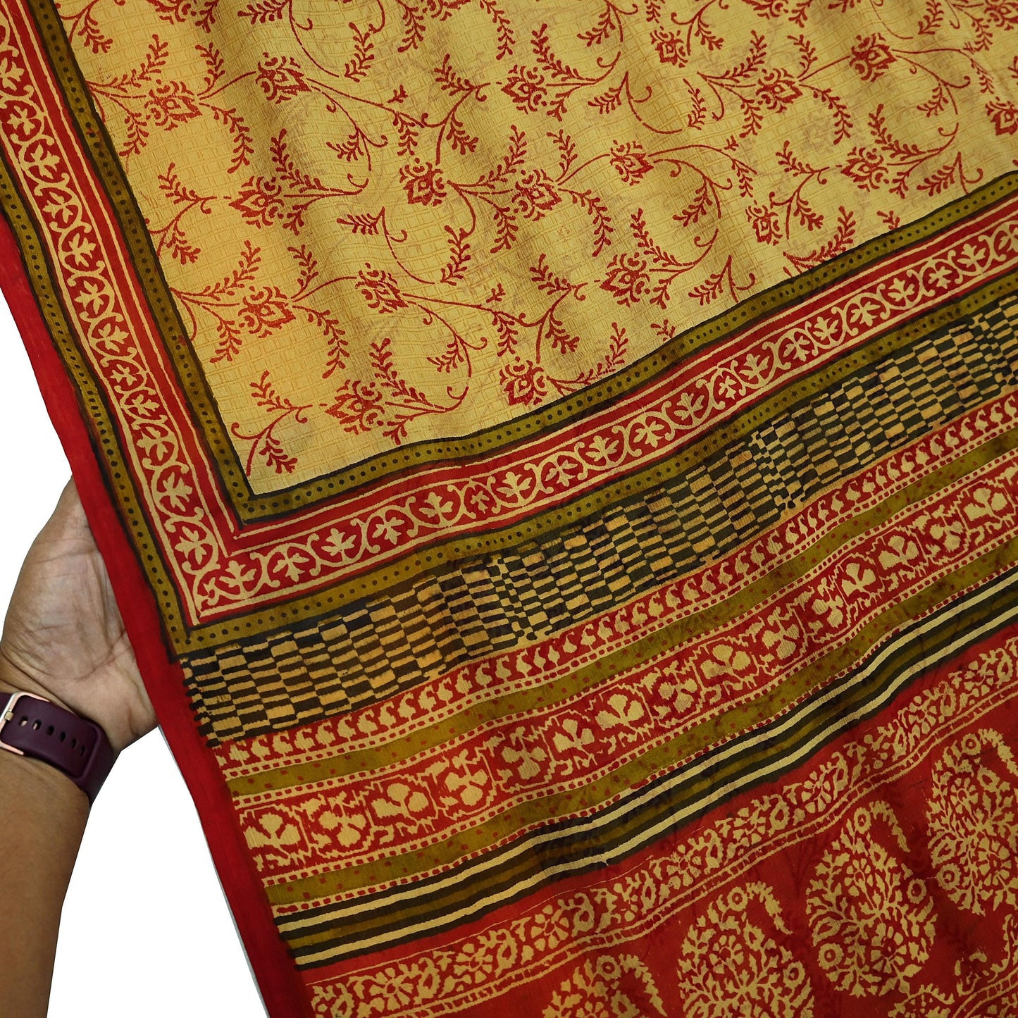 Vintage Sari Yellow & Red 100% Pure Chiffon Silk Printed Sarees Sewing 5yd Craft Fabric Soft Dress Designing for Crafting Floral