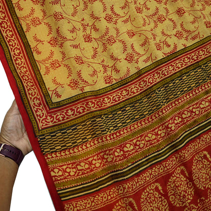 Vintage Sari Yellow & Red 100% Pure Chiffon Silk Printed Sarees Sewing 5yd Craft Fabric Soft Dress Designing for Crafting Floral