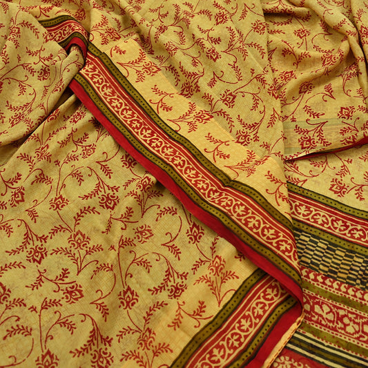 Vintage Sari Yellow & Red 100% Pure Chiffon Silk Printed Sarees Sewing 5yd Craft Fabric Soft Dress Designing for Crafting Floral