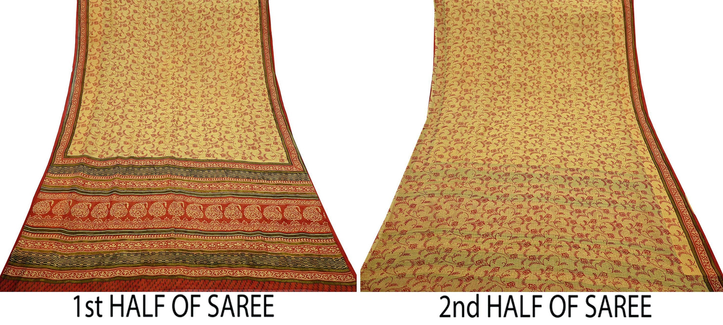 Vintage Sari Yellow & Red 100% Pure Chiffon Silk Printed Sarees Sewing 5yd Craft Fabric Soft Dress Designing for Crafting Floral