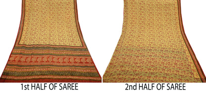 Vintage Sari Yellow & Red 100% Pure Chiffon Silk Printed Sarees Sewing 5yd Craft Fabric Soft Dress Designing for Crafting Floral