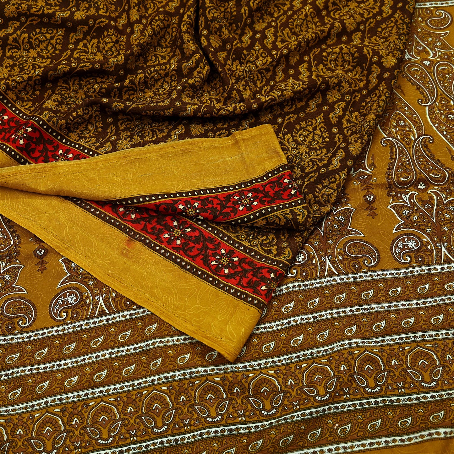 Indian Vintage Green Moss Crepe Saree | Printed Floral Sari Fabric | 6 Yards | Soft Craft Fabric for Sewing, Dressmaking, Quilting,Upcycling