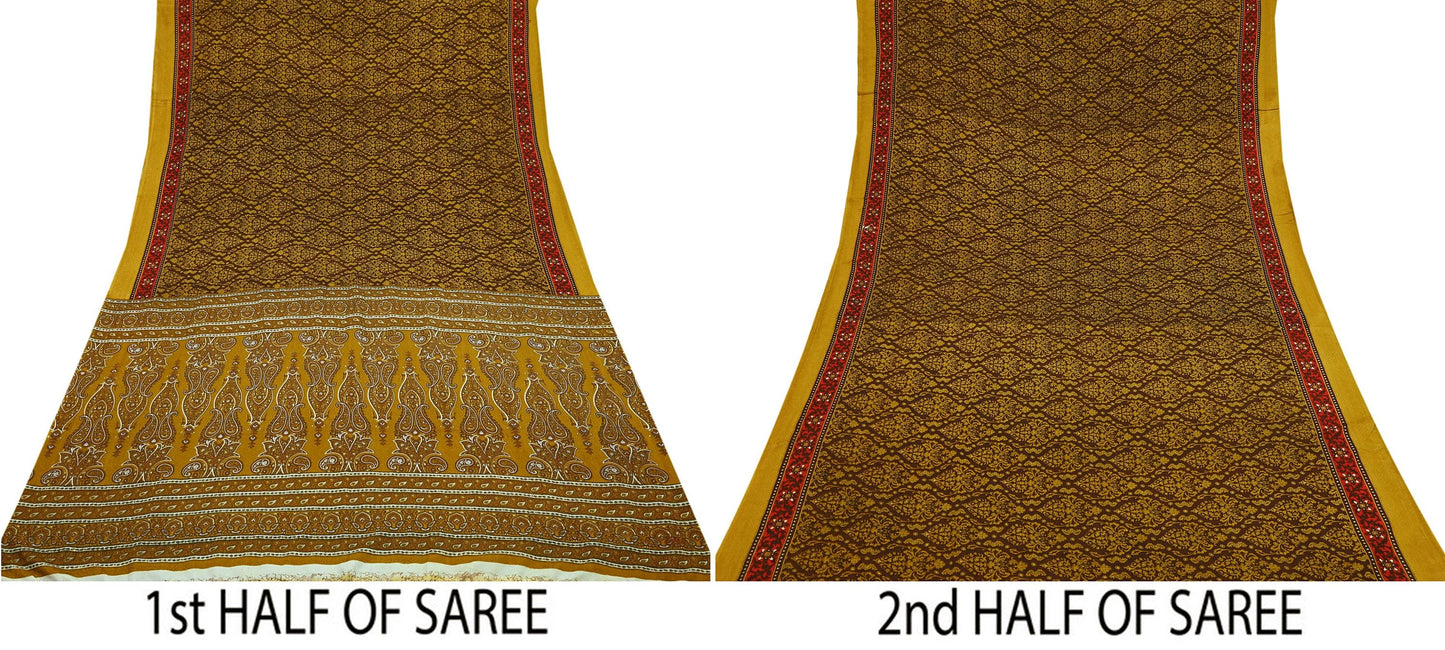 Indian Vintage Green Moss Crepe Saree | Printed Floral Sari Fabric | 6 Yards | Soft Craft Fabric for Sewing, Dressmaking, Quilting,Upcycling