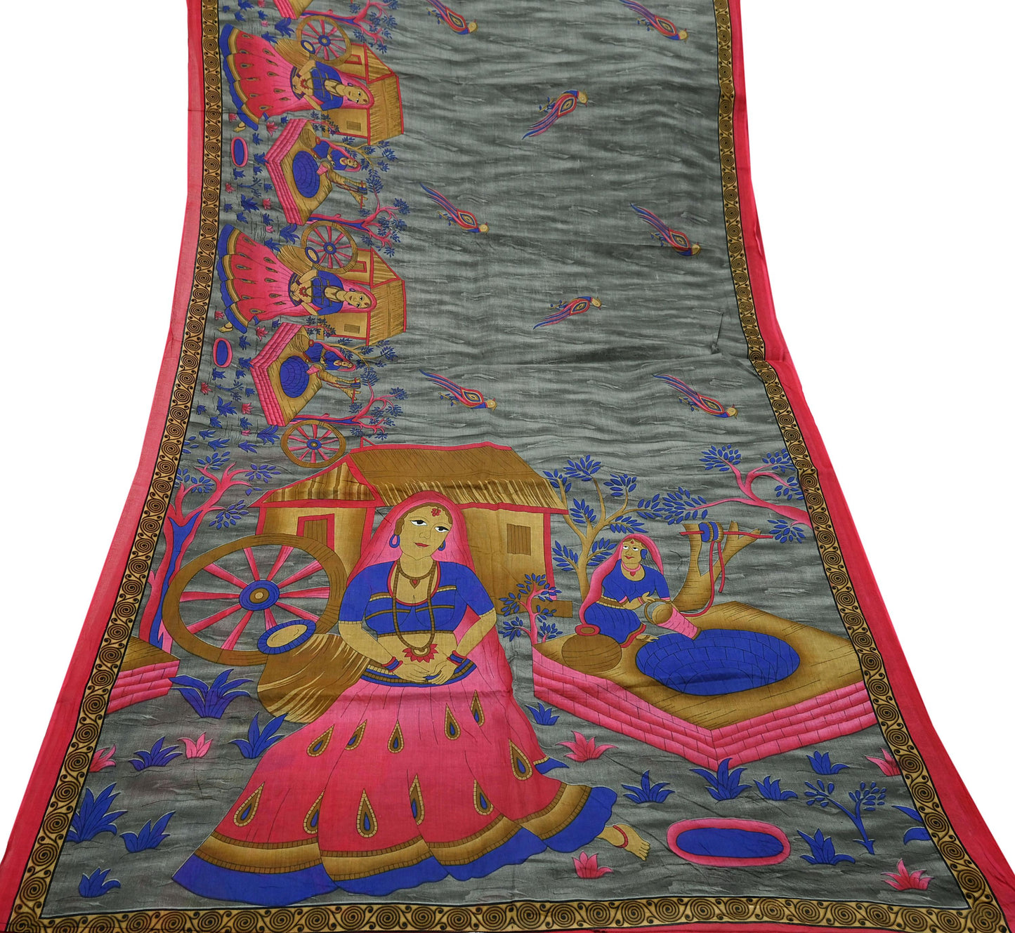 Indian Vintage Sari Gray & Pink Printed Pure Cotton Sarees Fabric Floral 5Yd Sarong Wrap Boho Fabric Kimono Dress making Crafting