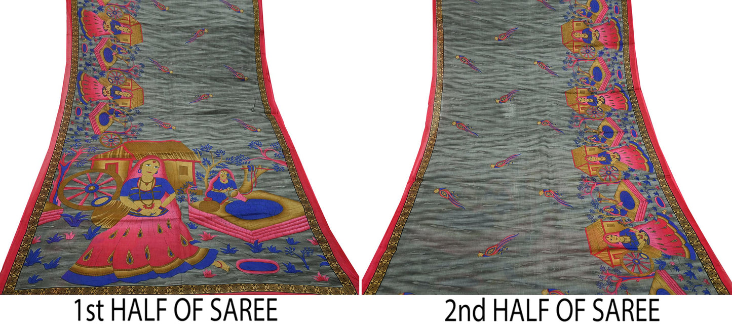 Indian Vintage Sari Gray & Pink Printed Pure Cotton Sarees Fabric Floral 5Yd Sarong Wrap Boho Fabric Kimono Dress making Crafting