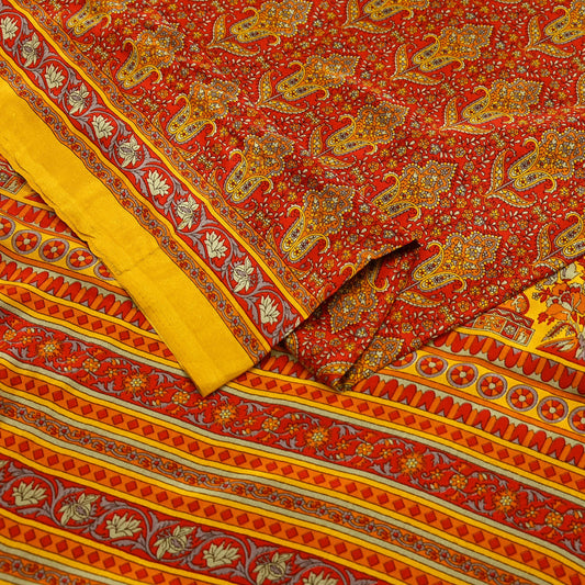 Indian Vintage Red Moss Crepe Printed Saree | Floral Design | 5 Yards | Soft Craft Fabric for Dressmaking, Décor, Quilting, & Upcycling