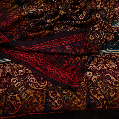 Indian Vintage Multi Pure Crepe Silk Saree | Floral Print | 5 Yards | Soft Sewing Fabric for Dressmaking, Quilting, Crafting & Upcycling