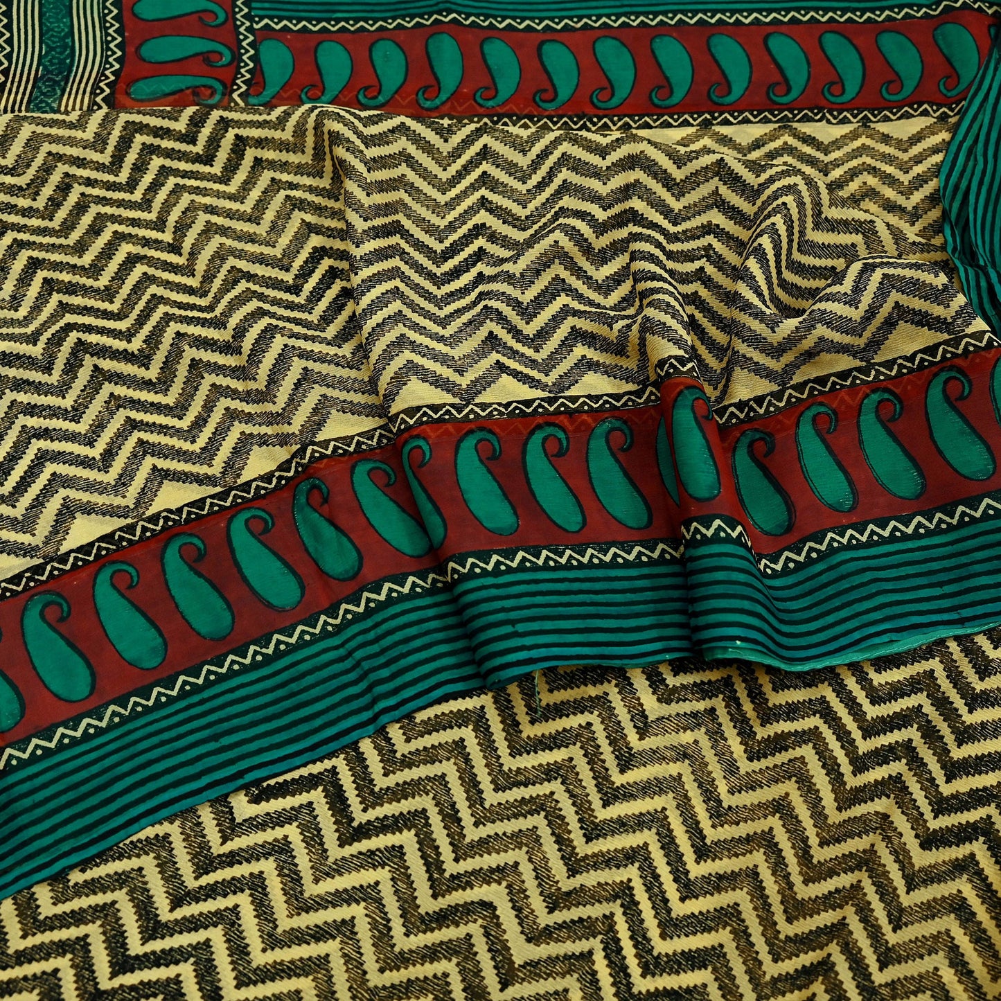 Indian Vintage Beige Pure Chiffon Silk Saree | Printed Zigzag Design | 5 Yards | Sheer Soft Fabric for Sewing, Dressmaking,