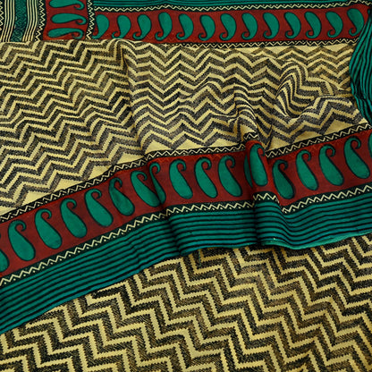 Indian Vintage Beige Pure Chiffon Silk Saree | Printed Zigzag Design | 5 Yards | Sheer Soft Fabric for Sewing, Dressmaking,