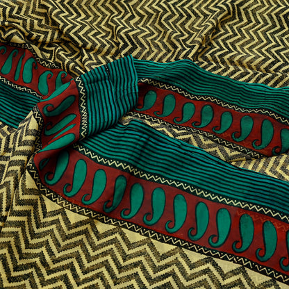 Indian Vintage Beige Pure Chiffon Silk Saree | Printed Zigzag Design | 5 Yards | Sheer Soft Fabric for Sewing, Dressmaking,