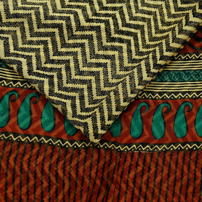 Indian Vintage Beige Pure Chiffon Silk Saree | Printed Zigzag Design | 5 Yards | Sheer Soft Fabric for Sewing, Dressmaking,