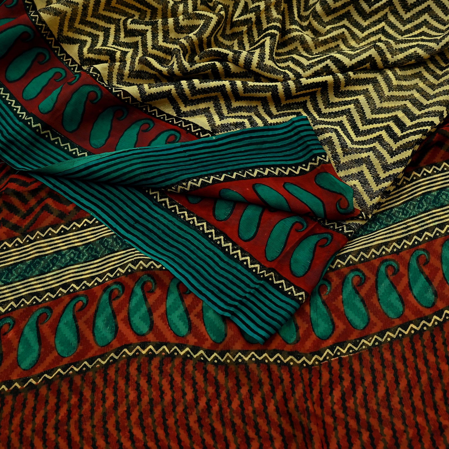 Indian Vintage Beige Pure Chiffon Silk Saree | Printed Zigzag Design | 5 Yards | Sheer Soft Fabric for Sewing, Dressmaking,