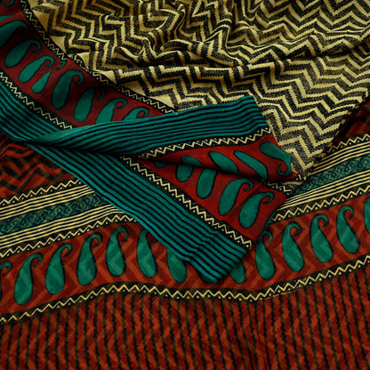 Indian Vintage Beige Pure Chiffon Silk Saree | Printed Zigzag Design | 5 Yards | Sheer Soft Fabric for Sewing, Dressmaking,