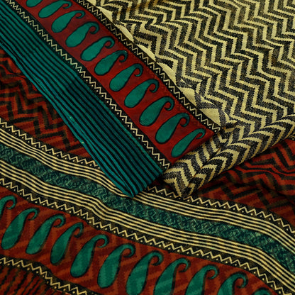 Indian Vintage Beige Pure Chiffon Silk Saree | Printed Zigzag Design | 5 Yards | Sheer Soft Fabric for Sewing, Dressmaking,