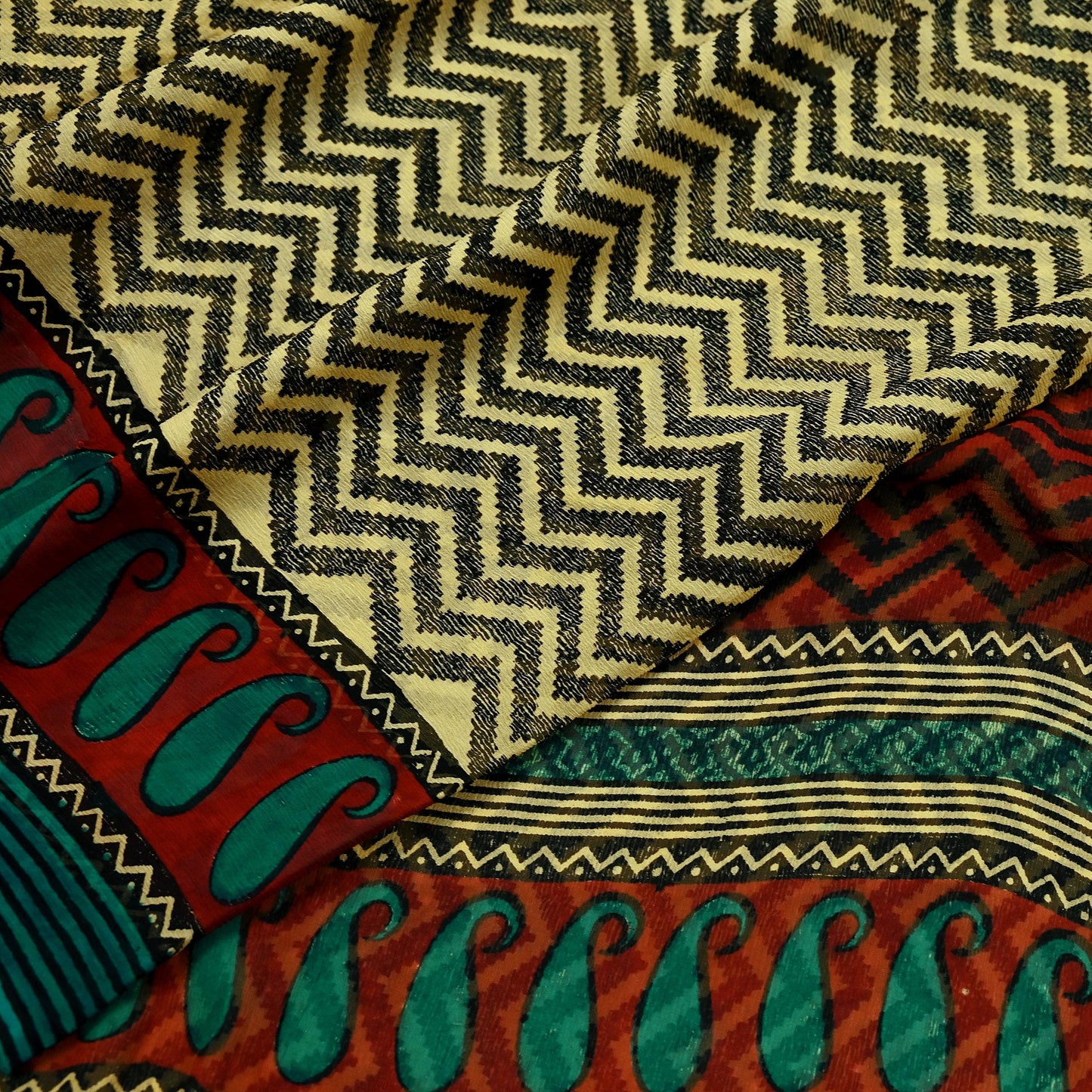 Indian Vintage Beige Pure Chiffon Silk Saree | Printed Zigzag Design | 5 Yards | Sheer Soft Fabric for Sewing, Dressmaking,