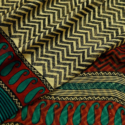 Indian Vintage Beige Pure Chiffon Silk Saree | Printed Zigzag Design | 5 Yards | Sheer Soft Fabric for Sewing, Dressmaking,