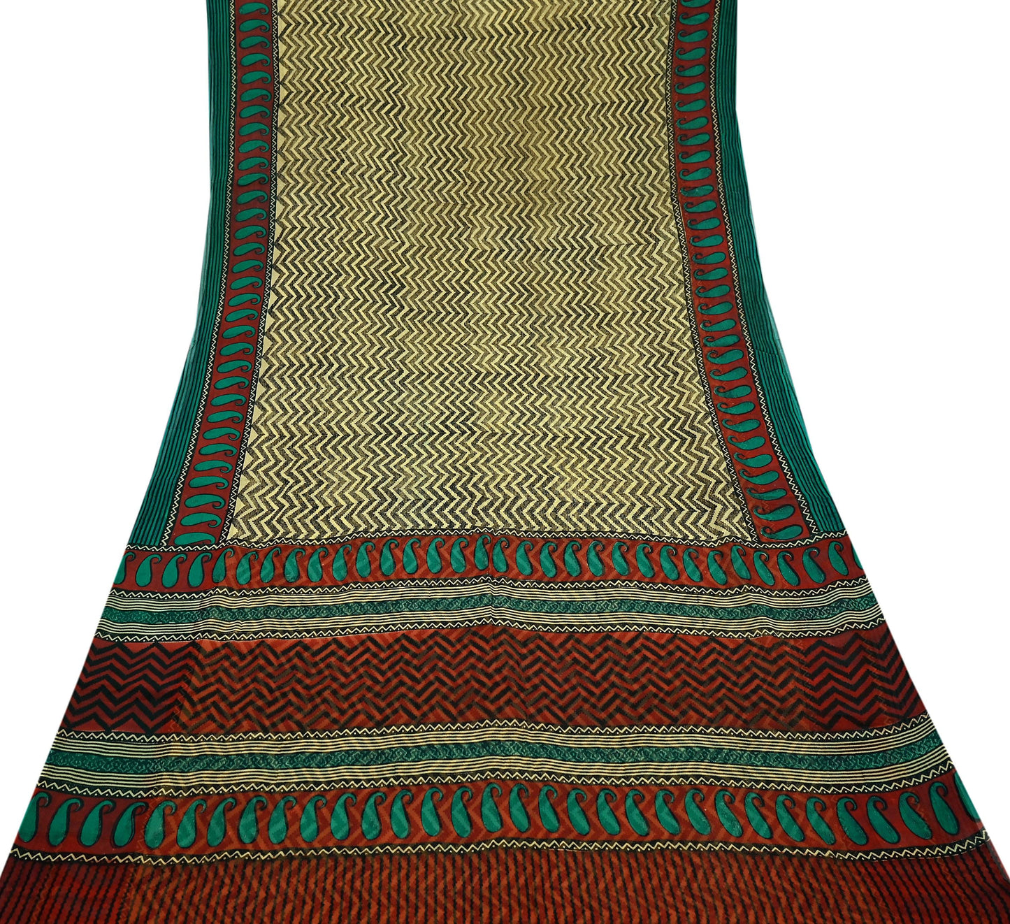 Indian Vintage Beige Pure Chiffon Silk Saree | Printed Zigzag Design | 5 Yards | Sheer Soft Fabric for Sewing, Dressmaking,