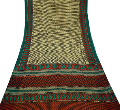 Indian Vintage Beige Pure Chiffon Silk Saree | Printed Zigzag Design | 5 Yards | Sheer Soft Fabric for Sewing, Dressmaking,