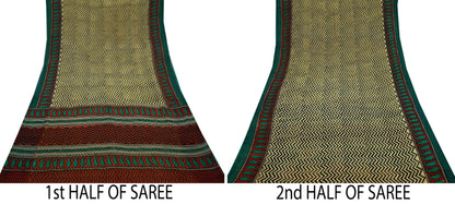 Indian Vintage Beige Pure Chiffon Silk Saree | Printed Zigzag Design | 5 Yards | Sheer Soft Fabric for Sewing, Dressmaking,