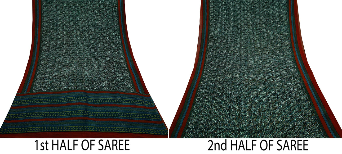 Indian Vintage Sari Green 100% Pure Georgette Silk Printed Sarees Sewing 5yd Craft Soft Dress Designing for Crafting Abstract