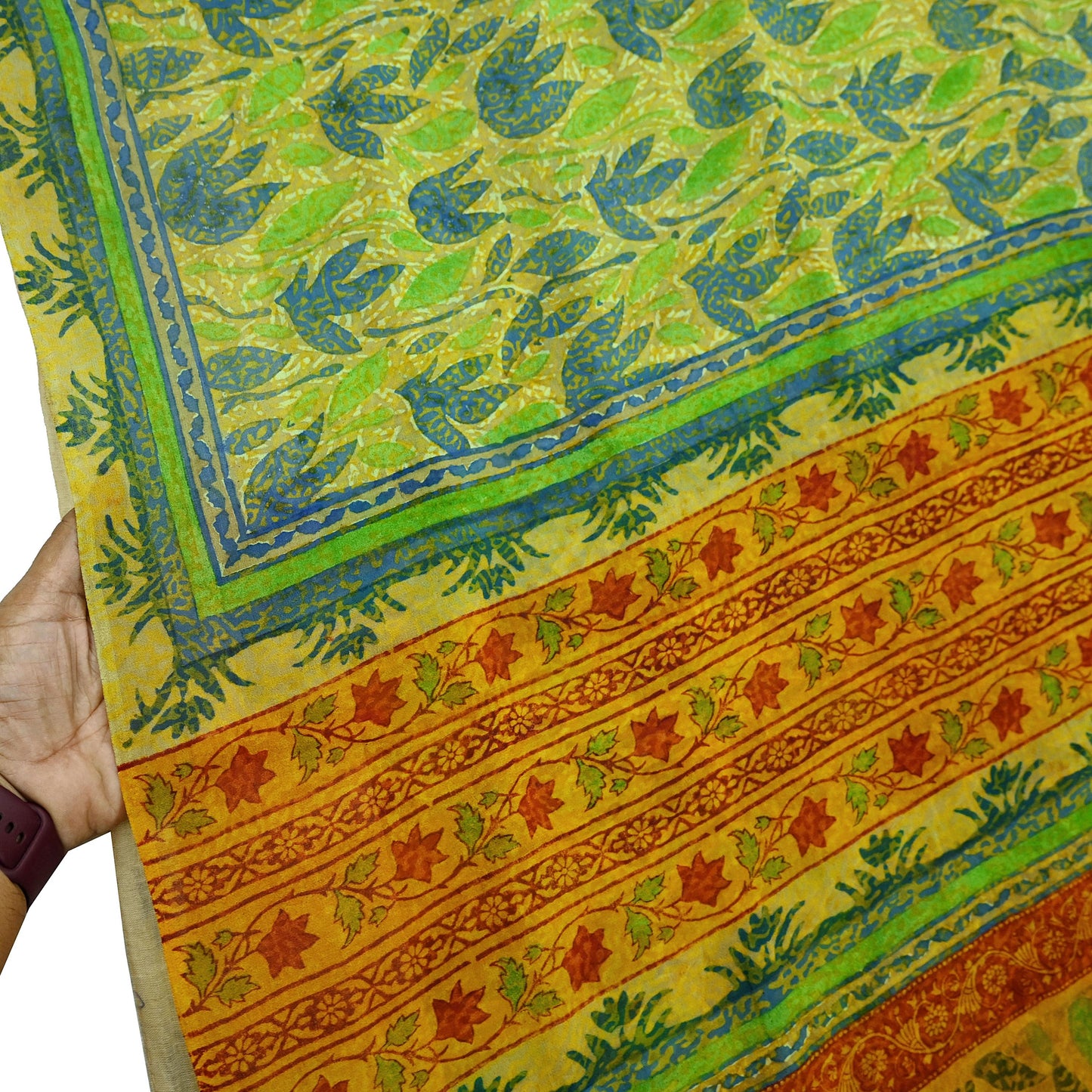 Indian Vintage Sari Green & Yellow 100% Pure Georgette Silk Block Printed Sarees Sewing 5yd Craft Soft Dress Designing for Crafting Abstract