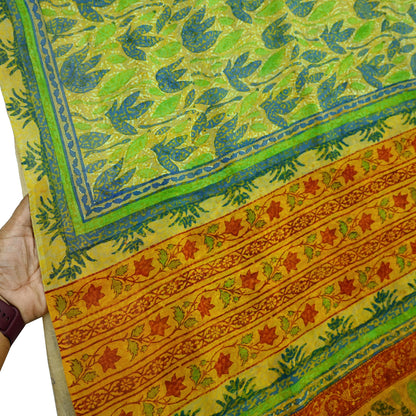Indian Vintage Sari Green & Yellow 100% Pure Georgette Silk Block Printed Sarees Sewing 5yd Craft Soft Dress Designing for Crafting Abstract
