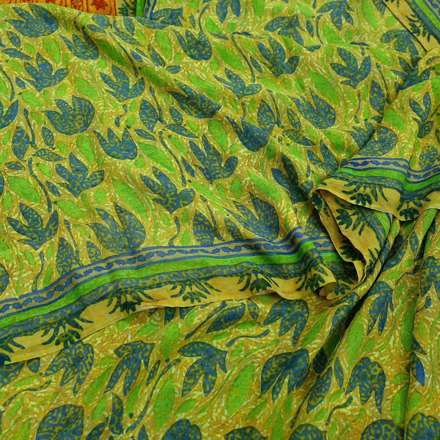 Indian Vintage Sari Green & Yellow 100% Pure Georgette Silk Block Printed Sarees Sewing 5yd Craft Soft Dress Designing for Crafting Abstract