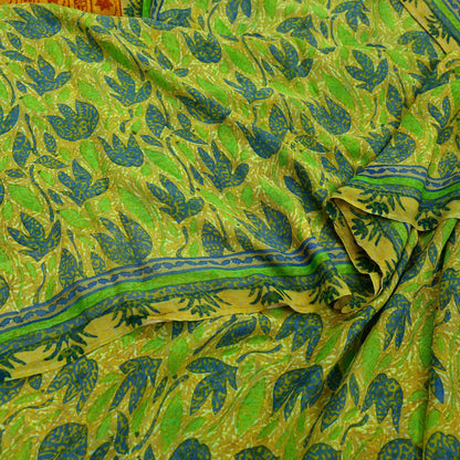 Indian Vintage Sari Green & Yellow 100% Pure Georgette Silk Block Printed Sarees Sewing 5yd Craft Soft Dress Designing for Crafting Abstract