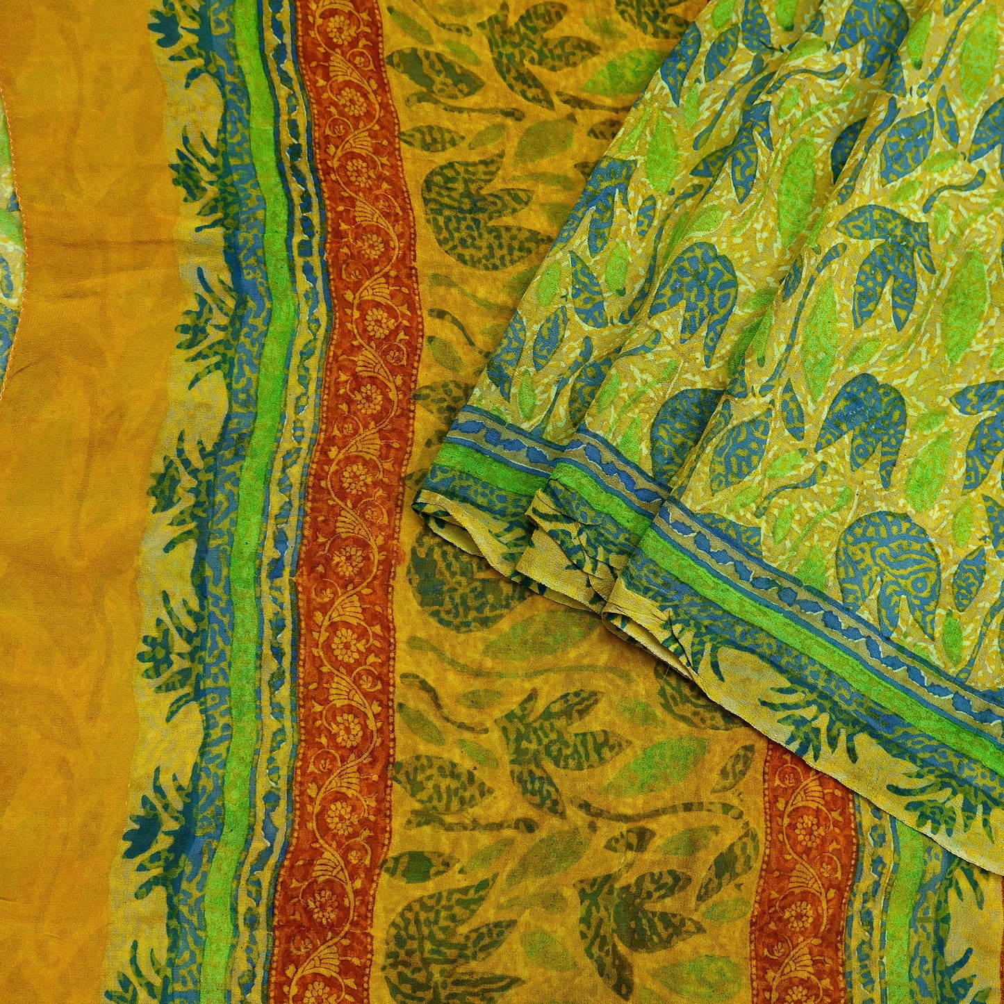 Indian Vintage Sari Green & Yellow 100% Pure Georgette Silk Block Printed Sarees Sewing 5yd Craft Soft Dress Designing for Crafting Abstract