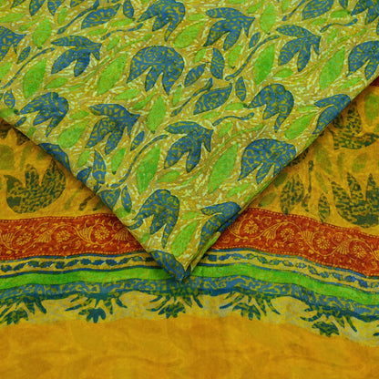 Indian Vintage Sari Green & Yellow 100% Pure Georgette Silk Block Printed Sarees Sewing 5yd Craft Soft Dress Designing for Crafting Abstract