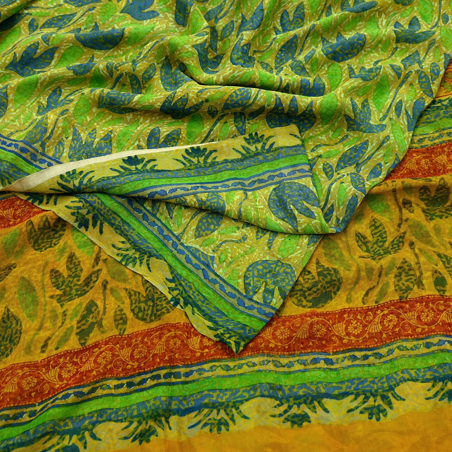 Indian Vintage Sari Green & Yellow 100% Pure Georgette Silk Block Printed Sarees Sewing 5yd Craft Soft Dress Designing for Crafting Abstract