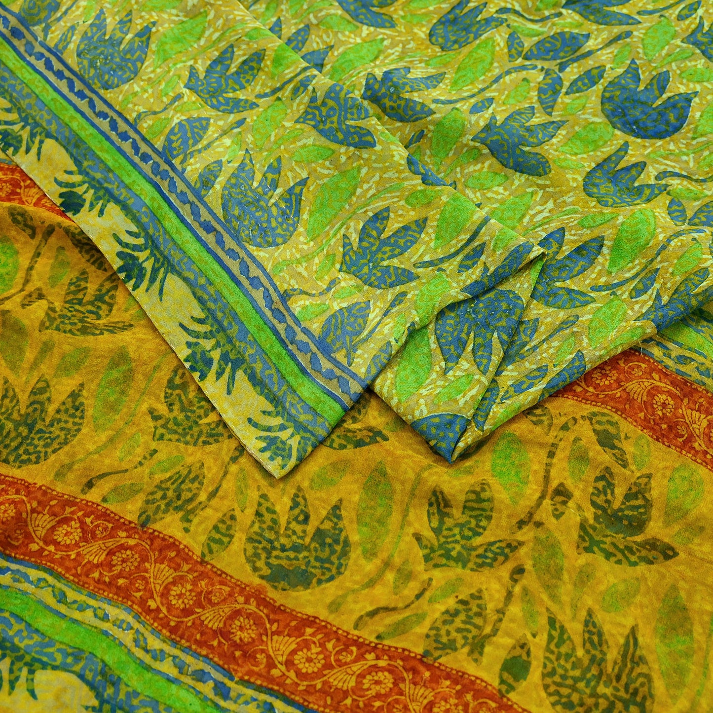 Indian Vintage Sari Green & Yellow 100% Pure Georgette Silk Block Printed Sarees Sewing 5yd Craft Soft Dress Designing for Crafting Abstract