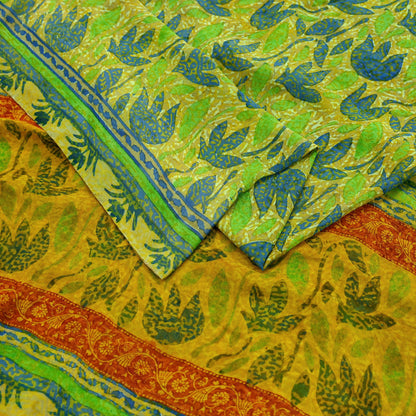 Indian Vintage Sari Green & Yellow 100% Pure Georgette Silk Block Printed Sarees Sewing 5yd Craft Soft Dress Designing for Crafting Abstract