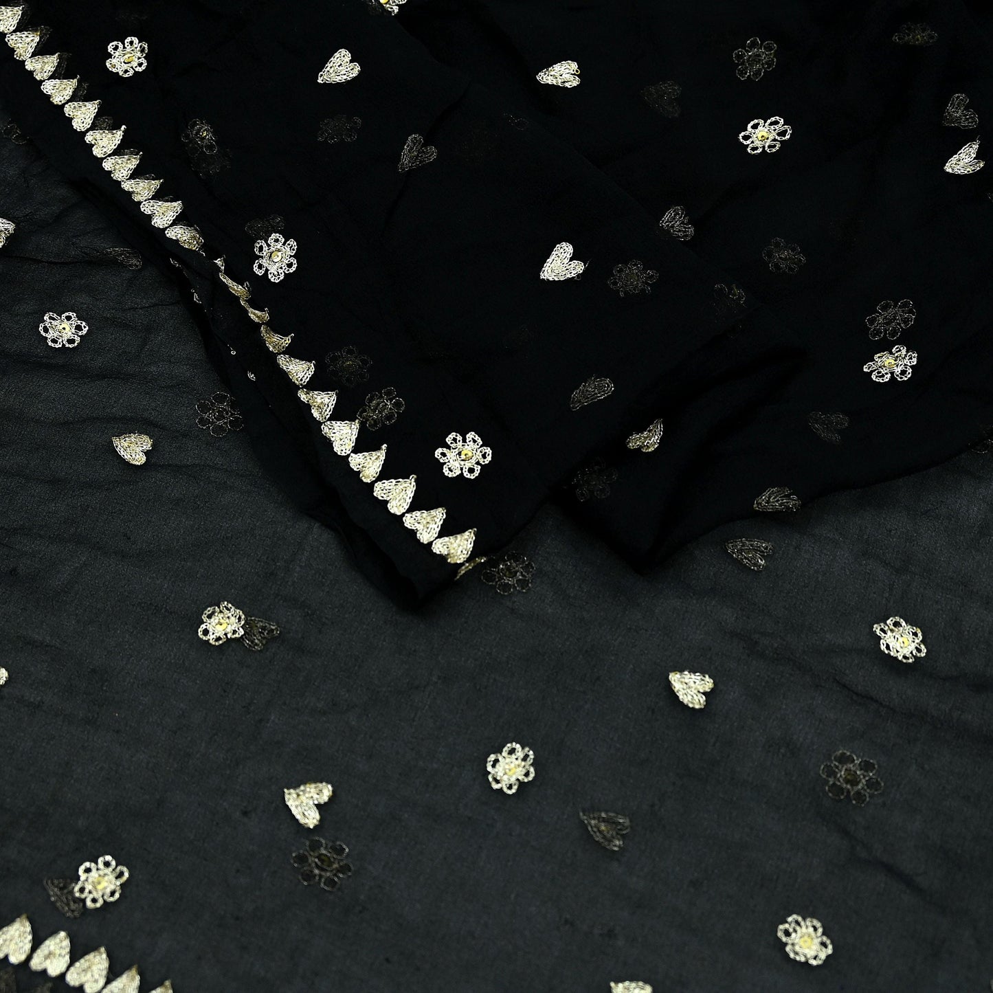 Indian Vintage Black Dupatta Pure Chiffon silk Long Stole Hand Embroidered Scarves Floral Design Stole Veil Wrap Zari