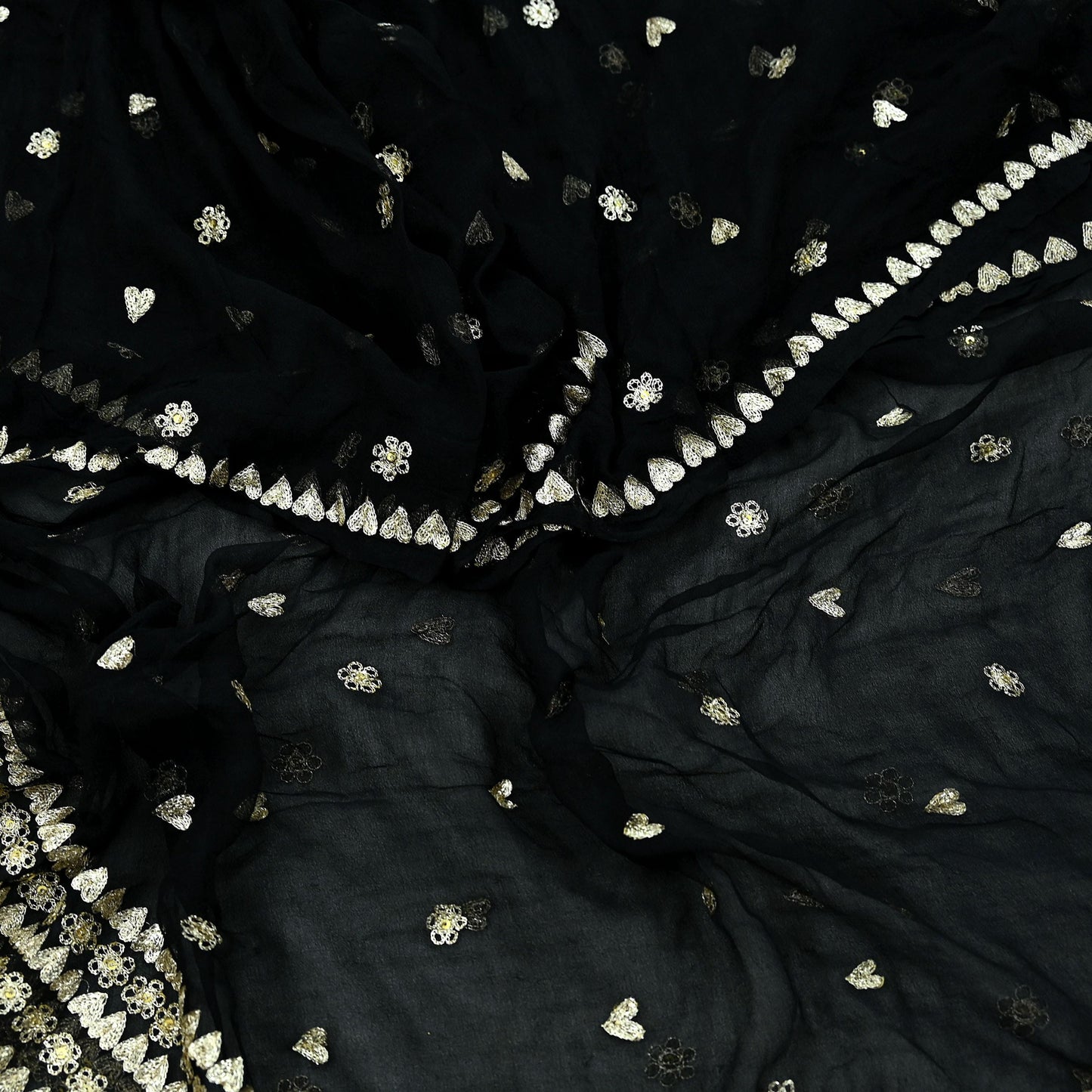 Indian Vintage Black Dupatta Pure Chiffon silk Long Stole Hand Embroidered Scarves Floral Design Stole Veil Wrap Zari