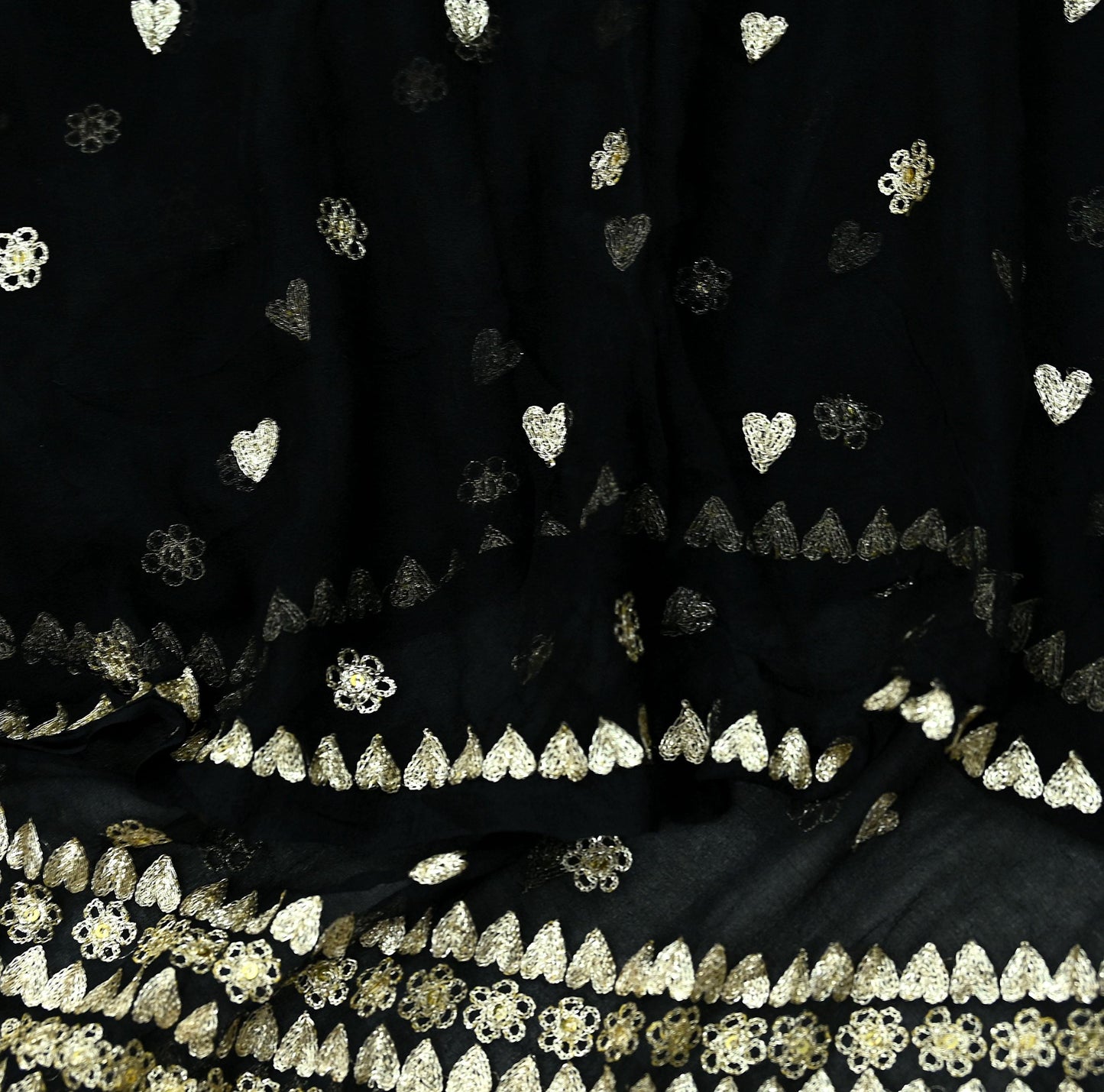 Indian Vintage Black Dupatta Pure Chiffon silk Long Stole Hand Embroidered Scarves Floral Design Stole Veil Wrap Zari