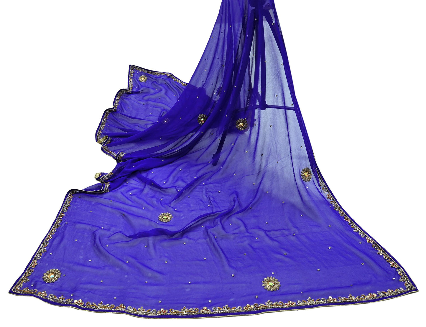 Indian Vintage Dupatta Purple Long Stole Pure Georgette Silk Hand Embroidered Scarves Veil Hijab Floral Zari Dabka Zardozi