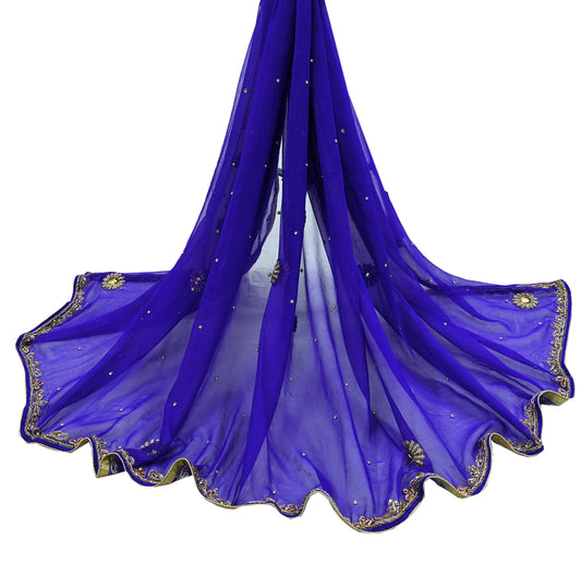 Indian Vintage Dupatta Purple Long Stole Pure Georgette Silk Hand Embroidered Scarves Veil Hijab Floral Zari Dabka Zardozi