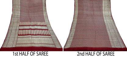 Vintage Banarasi Saree Pure Satin Silk Woven Brocade Zari Fabric Maroon Heavy Craft Sari 5 Yards Indian Antique Textile Dress Making