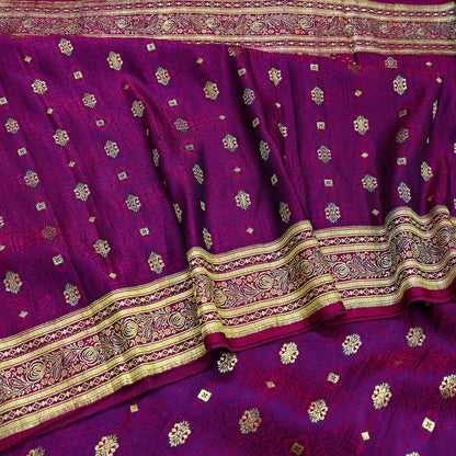 Indian Vintage Purple Banarasi Brocade Saree | Heavy Wedding Sari in Pure Satin Silk | Woven Zari Fabric for Crafting, Dressmaking