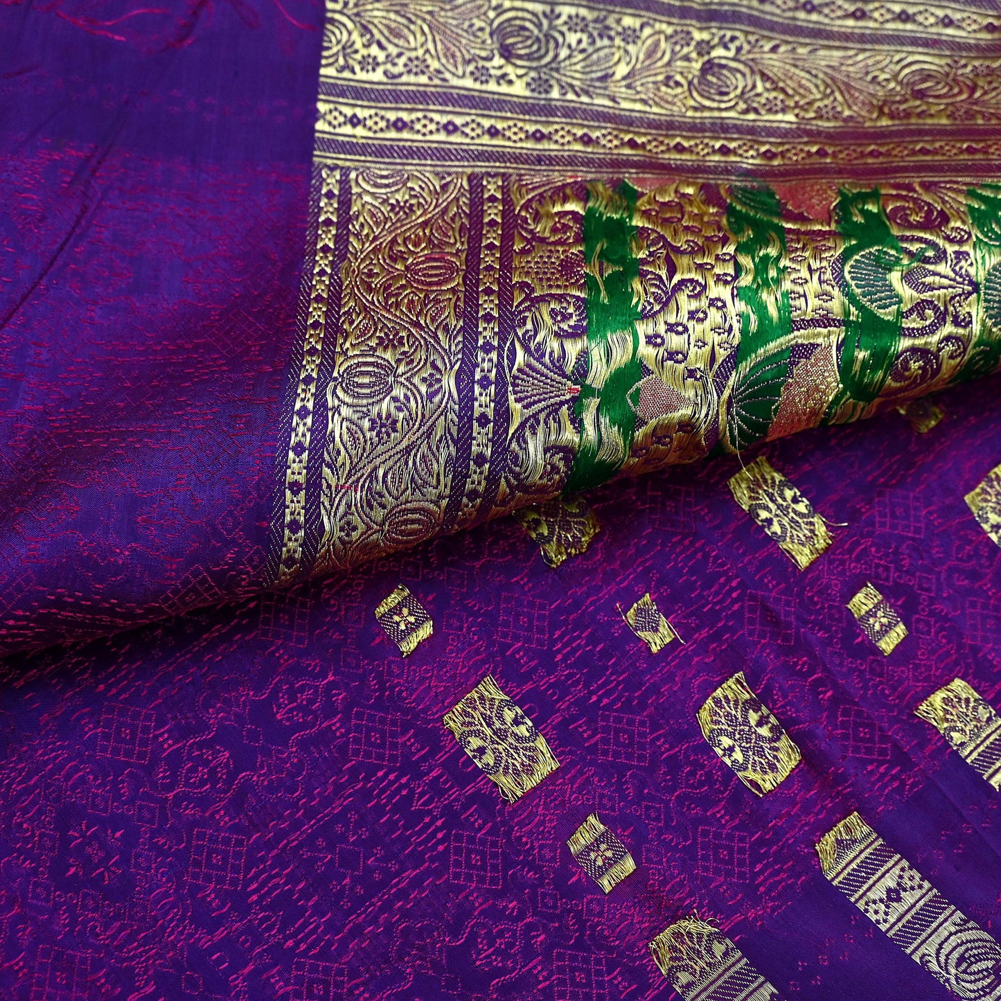 Indian Vintage Purple Banarasi Brocade Saree | Heavy Wedding Sari in Pure Satin Silk | Woven Zari Fabric for Crafting, Dressmaking