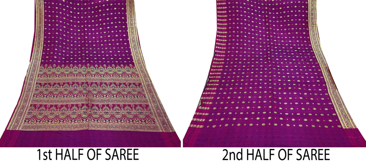 Indian Vintage Purple Banarasi Brocade Saree | Heavy Wedding Sari in Pure Satin Silk | Woven Zari Fabric for Crafting, Dressmaking