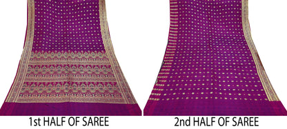 Indian Vintage Purple Banarasi Brocade Saree | Heavy Wedding Sari in Pure Satin Silk | Woven Zari Fabric for Crafting, Dressmaking