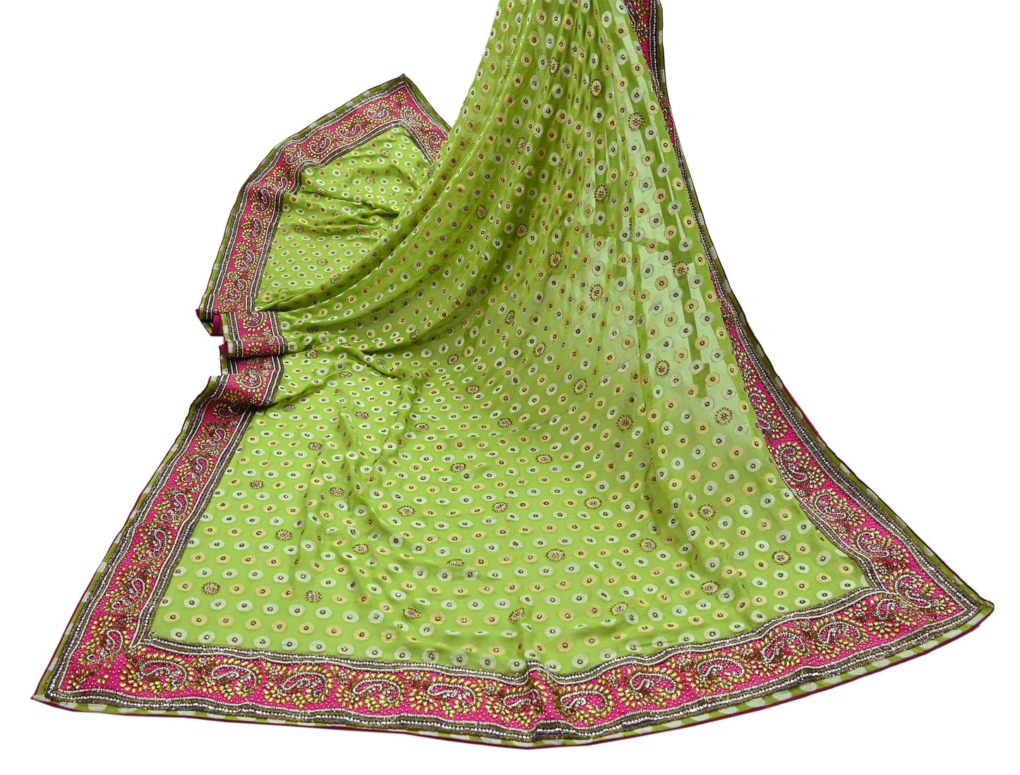 Indian Vintage Heavy Green Bridal Dupatta | Pure Georgette Silk | Hand Embroidered Zardozi, Dabka, Zari Work | Party Wear Long Stole