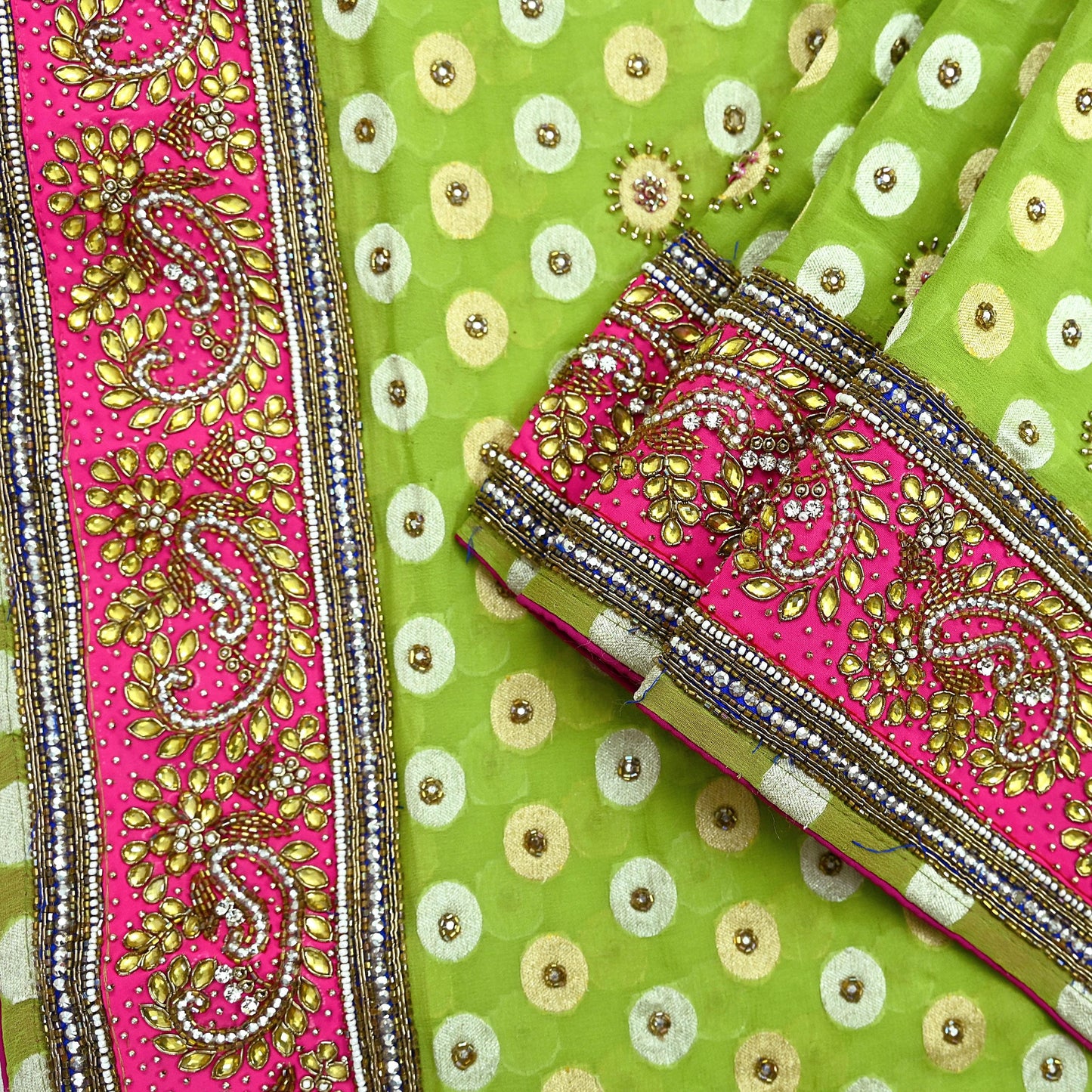 Indian Vintage Heavy Green Bridal Dupatta | Pure Georgette Silk | Hand Embroidered Zardozi, Dabka, Zari Work | Party Wear Long Stole