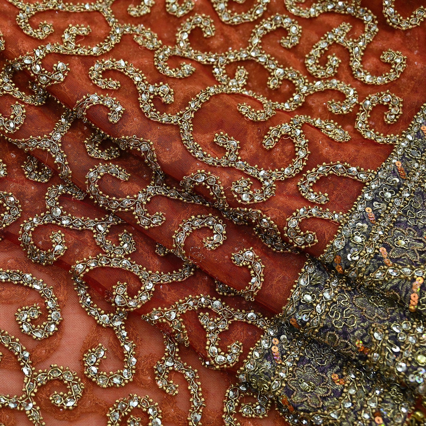 Indian Vintage Heavy Orange Dupatta | Hand Embroidered Net & Tissue Mesh | Zardozi, Dabka, Zari, Sequins, Kundan Work | Bridal Stole