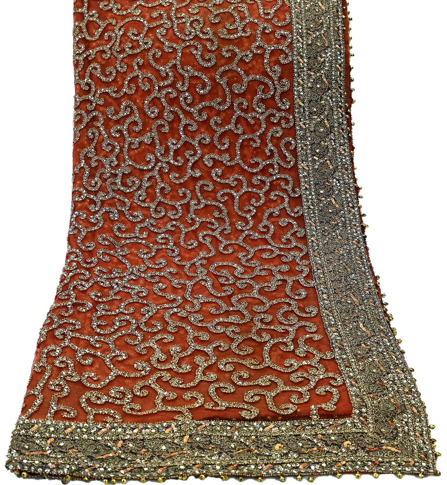 Indian Vintage Heavy Orange Dupatta | Hand Embroidered Net & Tissue Mesh | Zardozi, Dabka, Zari, Sequins, Kundan Work | Bridal Stole