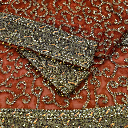Indian Vintage Heavy Orange Dupatta | Hand Embroidered Net & Tissue Mesh | Zardozi, Dabka, Zari, Sequins, Kundan Work | Bridal Stole